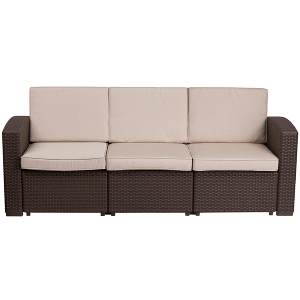 Beige Cushions/Chocolate Brown Frame |#| Chocolate Brown Faux Rattan Sofa with All-Weather Beige Cushions