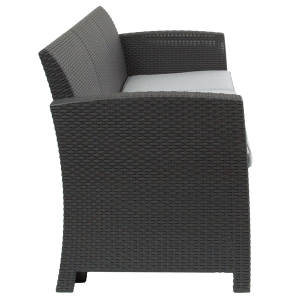 Dark Gray |#| Dark Gray Faux Rattan Sofa with All-Weather Light Gray Cushions - Patio Chair