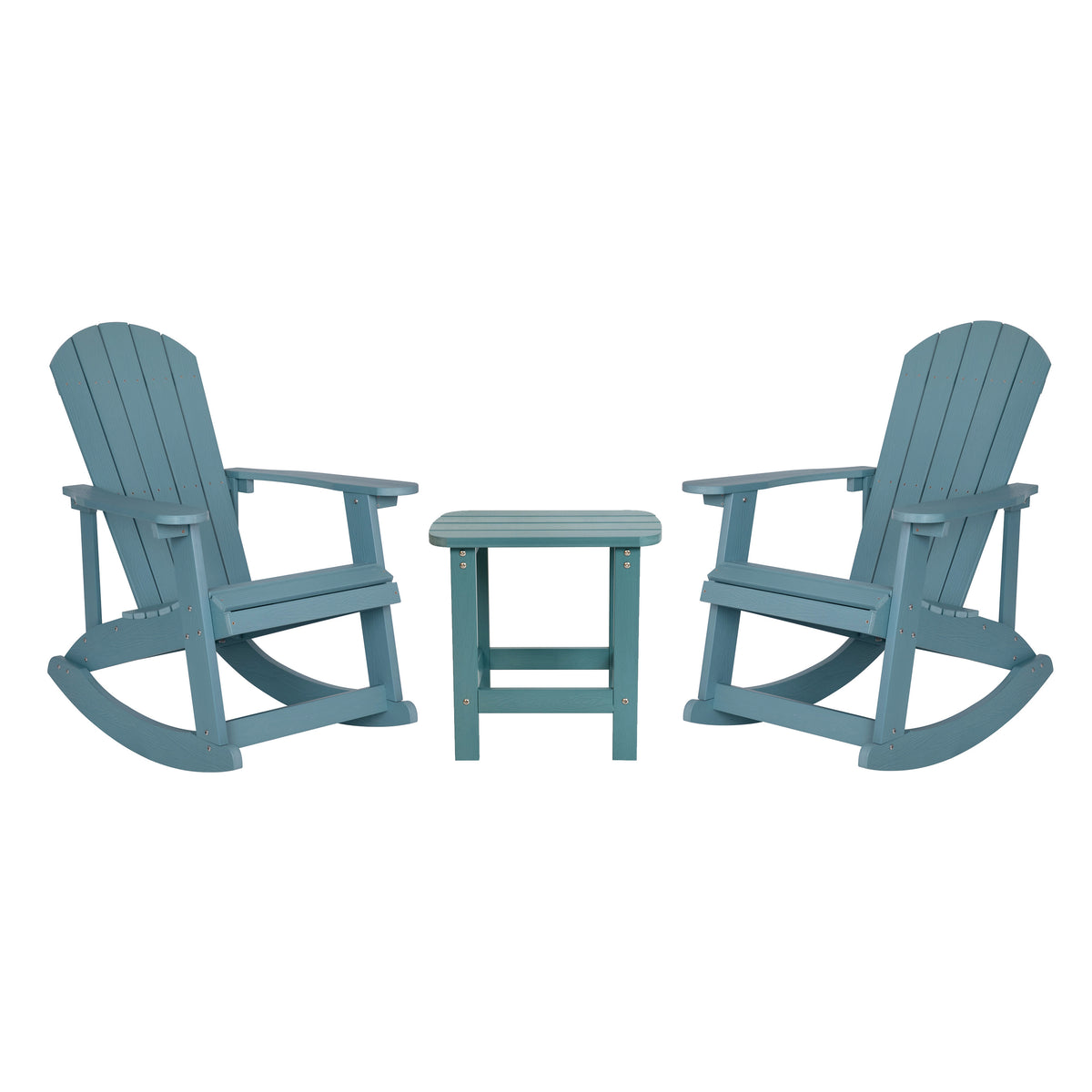 Sea Foam |#| Set of 2 Poly Resin Adirondack Rocking Chairs with 1 Side Table in Sea Foam