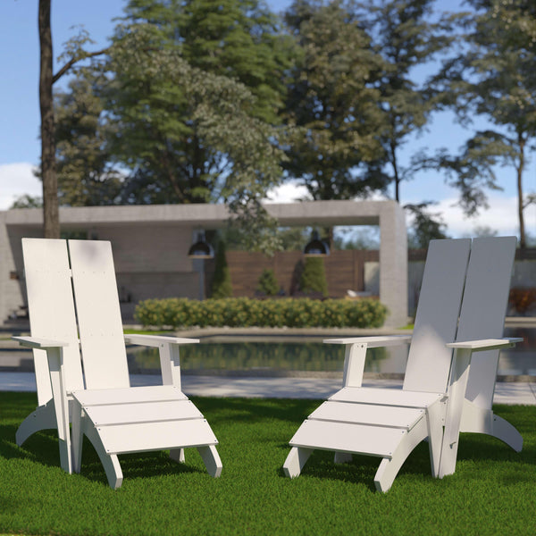 White |#| Set of 2 Indoor/Outdoor 2-Slat Adirondack Style Chairs & Footrests in White