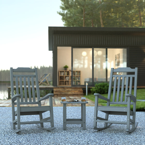 Gray |#| Set of 2 Indoor/Outdoor Poly Resin Rocking Chairs with Side Table in Gray