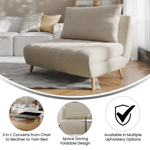 Cream |#| Convertible Tri-Fold Chair with Pillow and Hideaway Legs in Cream Boucle
