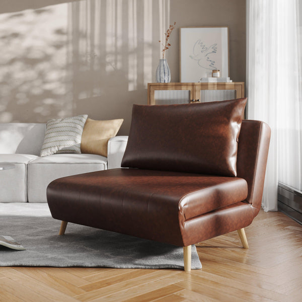 Brown |#| Convertible Tri-Fold Chair with Pillow and Hideaway Legs in Brown LeatherSoft