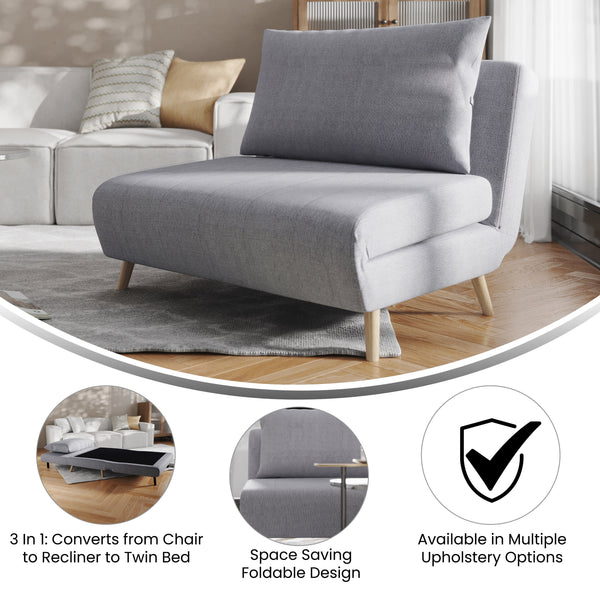 Light Gray |#| Convertible Tri-Fold Chair with Pillow and Hideaway Legs in Light Gray Fabric