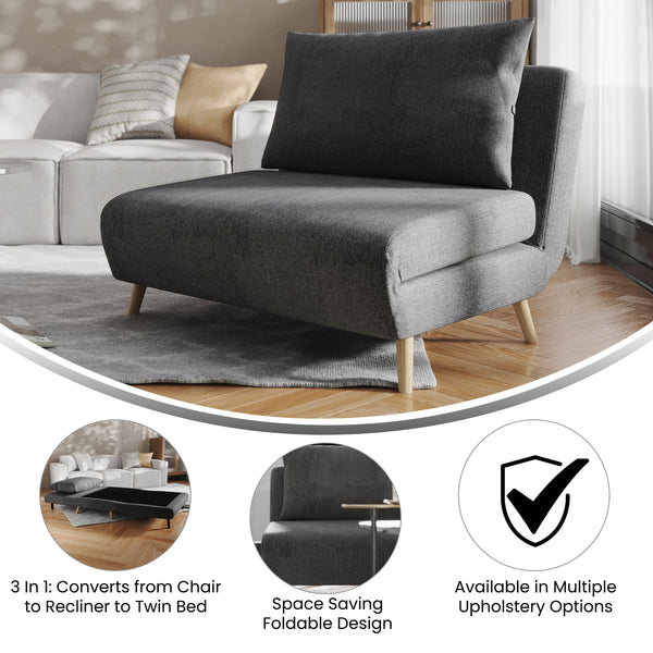 Dark Gray |#| Convertible Tri-Fold Chair with Pillow and Hideaway Legs in Dark Gray Fabric