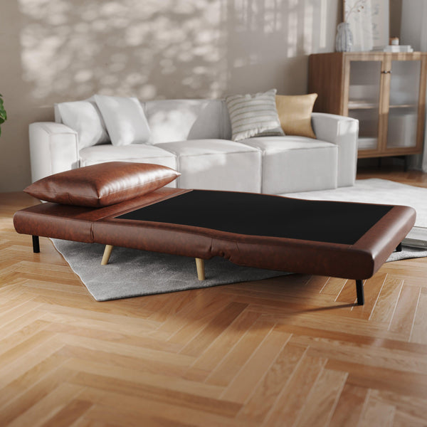 Brown |#| Convertible Tri-Fold Chair with Pillow and Hideaway Legs in Brown LeatherSoft