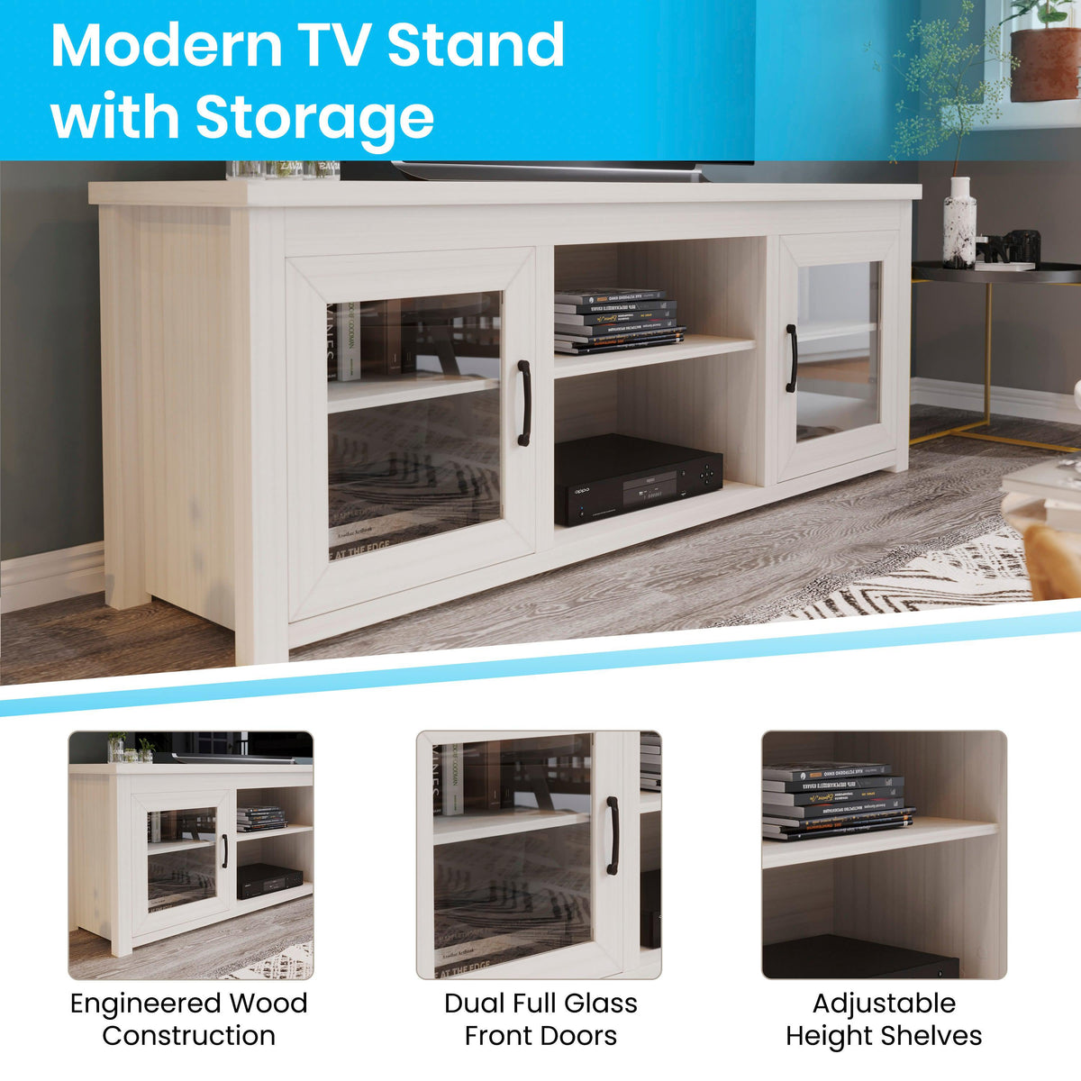 White Wash |#| Classic TV Stand for up to 80inch TVs-Glass Fronted Doors-Modern White Wash Finish