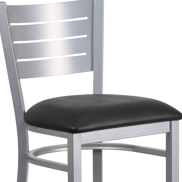 Black Vinyl Seat/Silver Frame |#| Silver Slat Back Metal Restaurant Barstool - Black Vinyl Seat