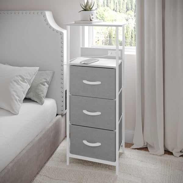 Gray Drawers/White Frame |#| 3 Fabric Drawer Nightstand with 2 USB Port/1 Outlet Charging Station in Gray/Wht
