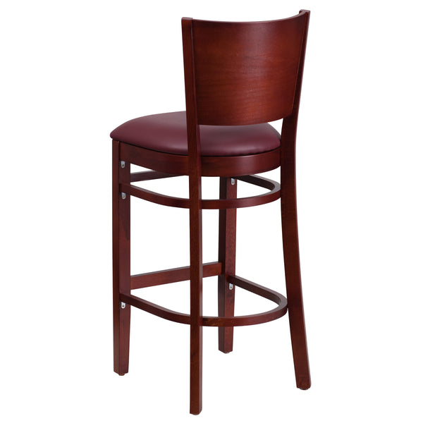 Burgundy Vinyl Seat/Mahogany Wood Frame |#| Solid Back Mahogany Wood Restaurant Barstool - Burgundy Vinyl Seat