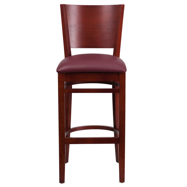 Burgundy Vinyl Seat/Mahogany Wood Frame |#| Solid Back Mahogany Wood Restaurant Barstool - Burgundy Vinyl Seat