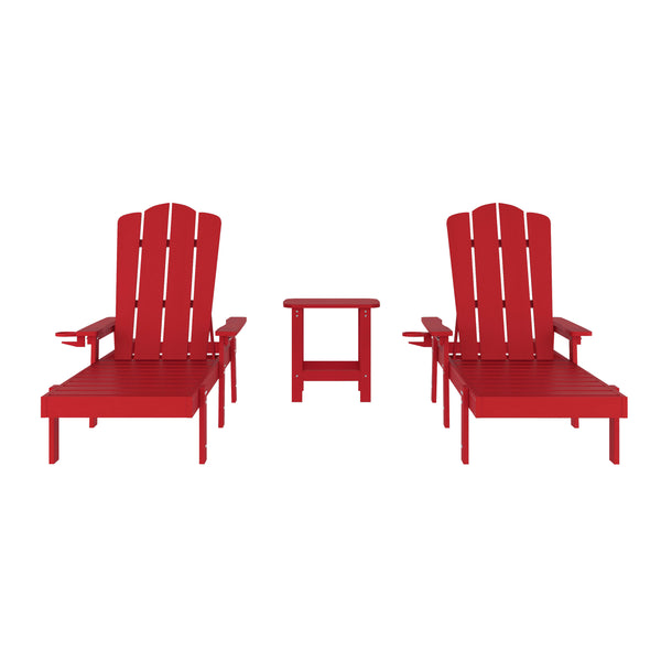 Red |#| 3pc Commercial Indoor/Outdoor Adirondack Set with 2 Loungers, Side Table in Red