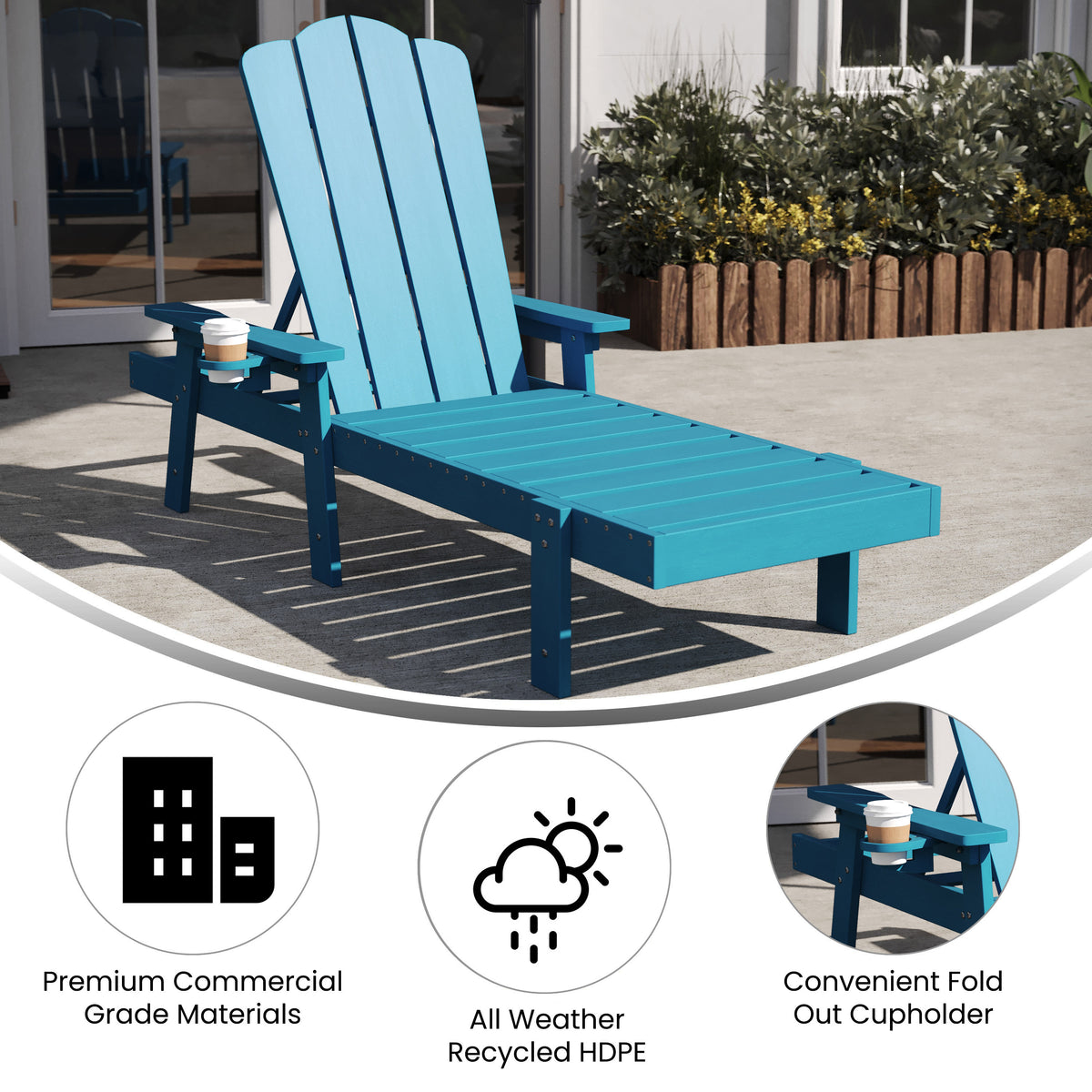 Blue |#| All-Weather Commercial Adjustable Lounge Chair with Fold Out Cupholder - Blue