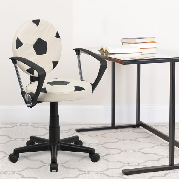 Black and White |#| Soccer Vinyl Upholstered Swivel Task Office Chair w/ Arms and Adjustable Height