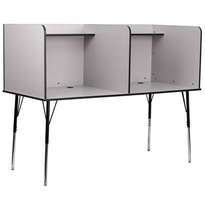 Stand-Alone Double Study Carrel with Top Shelf - Height Adjustable Legs and Wire Management Grommet - View 1