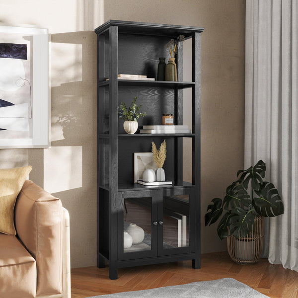 Black |#| 3 Tier Farmhouse Style Storage Cabinet Bookshelf with Glass Doors - Black