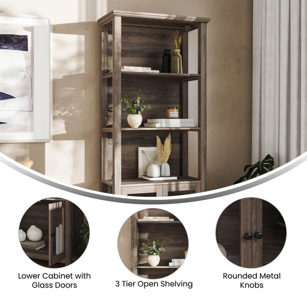 Gray Wash |#| 3 Tier Farmhouse Style Storage Cabinet Bookshelf with Glass Doors - Gray Wash