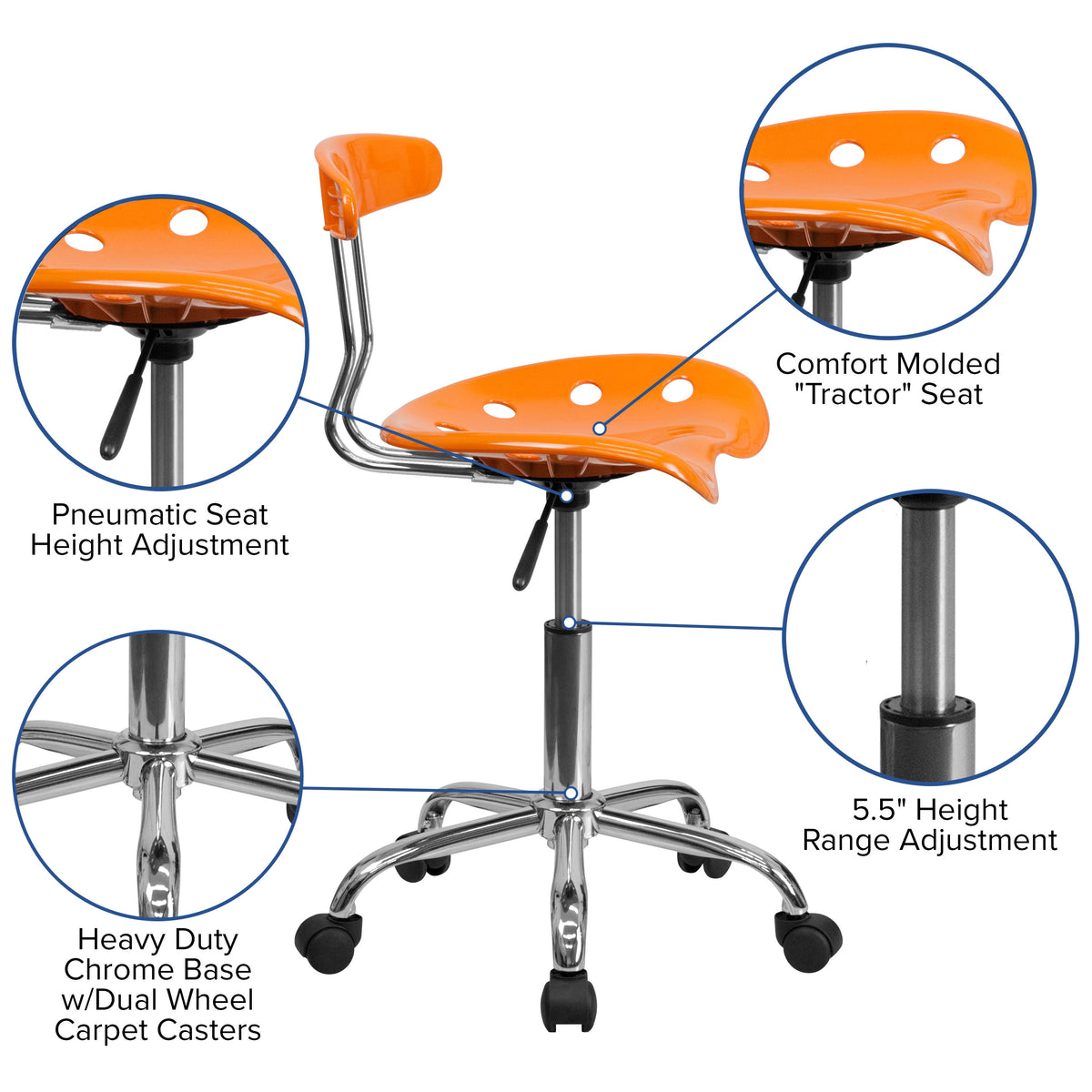 Orange |#| Vibrant Orange and Chrome Swivel Task Office Chair with Tractor Seat