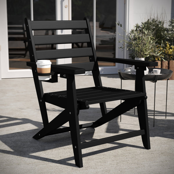 Black |#| All-Weather Commercial Adirondack Dining Chair with Fold Out Cupholder - Black
