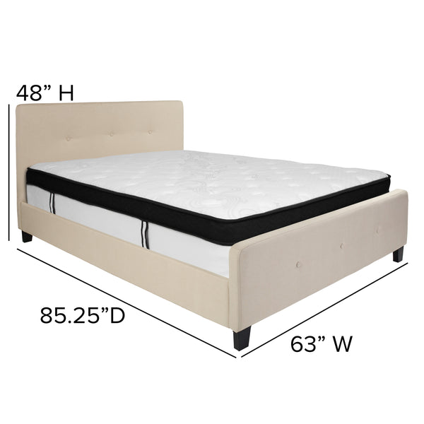 Beige,Queen |#| Queen Three Button Tufted Platform Bed/Memory Foam Mattress-Beige Fabric