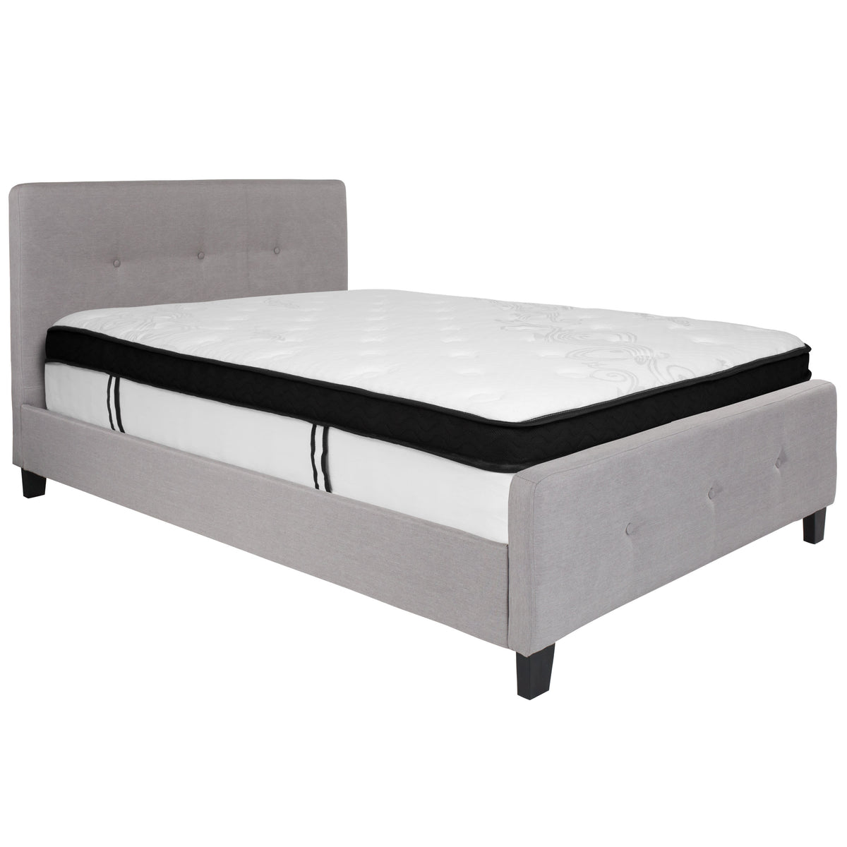 Light Gray,Full |#| Full Three Button Tufted Platform Bed/Memory Foam Mattress-Light Gray Fabric