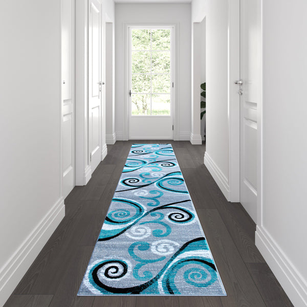 Turquoise,2' x 11' |#| Modern Distressed Swirl Abstract Style Indoor Area Rug in Turquoise - 2' x 11'