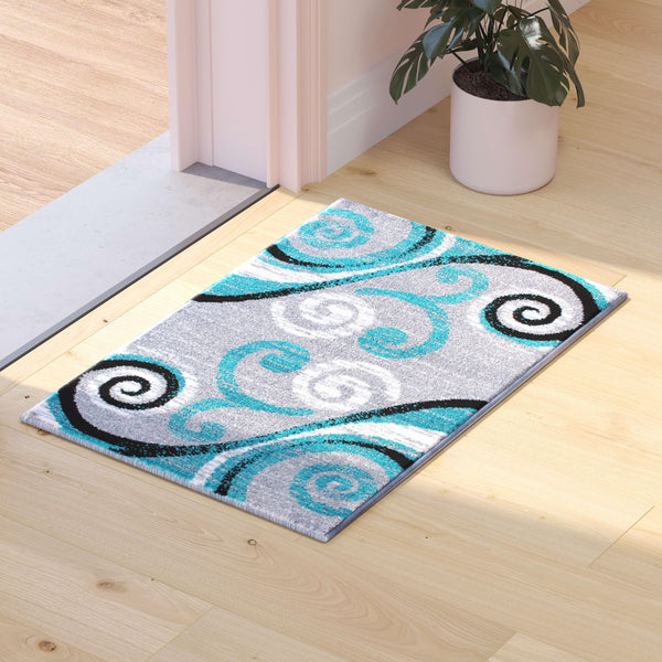 Turquoise,2' x 3' |#| Modern Distressed Swirl Abstract Style Indoor Area Rug in Turquoise - 2' x 3'