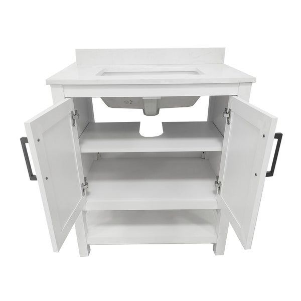 White Frame/Black Hardware,30" |#| 30" Bathroom Vanity with Sink, Open Storage & Black Hardware in White