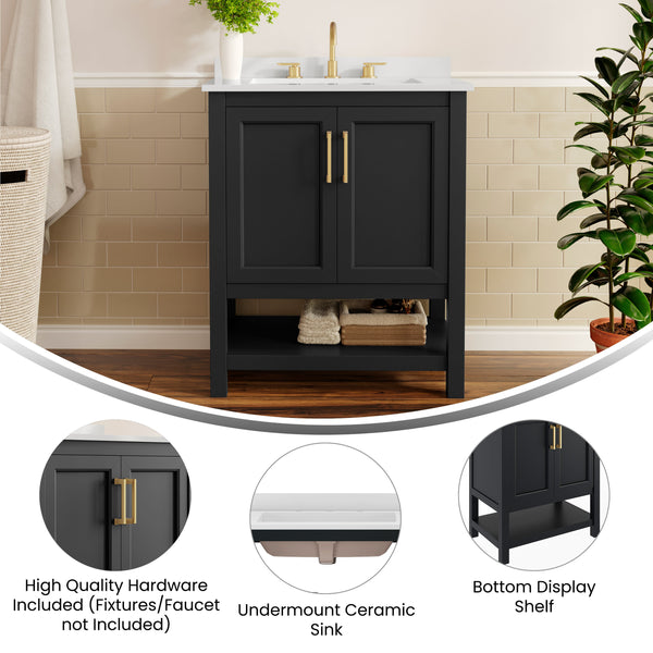 Black Frame/Gold Hardware,30" |#| 30" Bathroom Vanity with Sink, Open Storage & Gold Hardware in Black