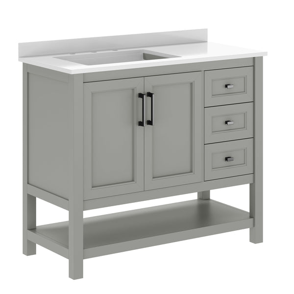 Gray Frame/Black Hardware,42" |#| 42" Bathroom Vanity with Sink, Open Storage, and Storage Drawers in Gray