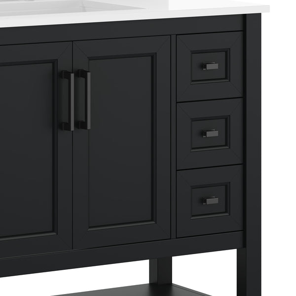 Black Frame/Black Hardware,36" |#| 36" Bathroom Vanity with Sink, Open Storage, and Storage Drawers in Black