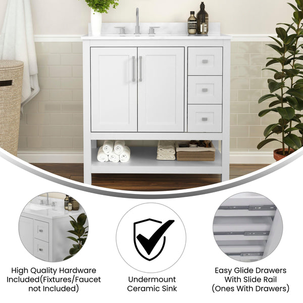 White,36" |#| 36 Inch Bathroom Vanity with Sink, Open Storage, and Storage Drawers in White