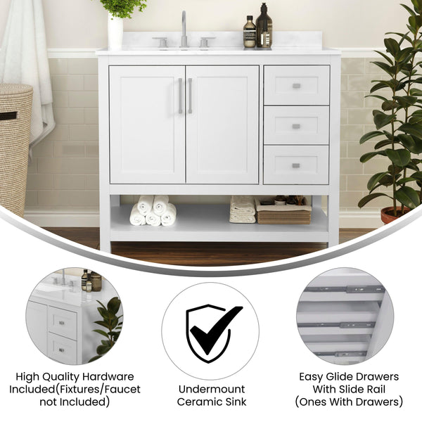 White,42" |#| 42 Inch Bathroom Vanity with Sink, Open Storage, and Storage Drawers in White