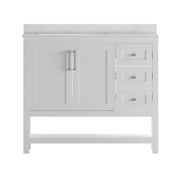 White,42" |#| 42 Inch Bathroom Vanity with Sink, Open Storage, and Storage Drawers in White