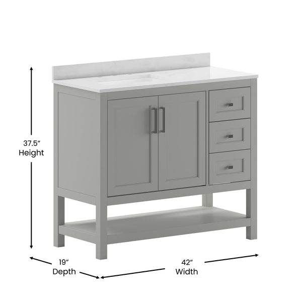 Gray,42" |#| 42 Inch Bathroom Vanity with Sink, Open Storage, and Storage Drawers in Gray