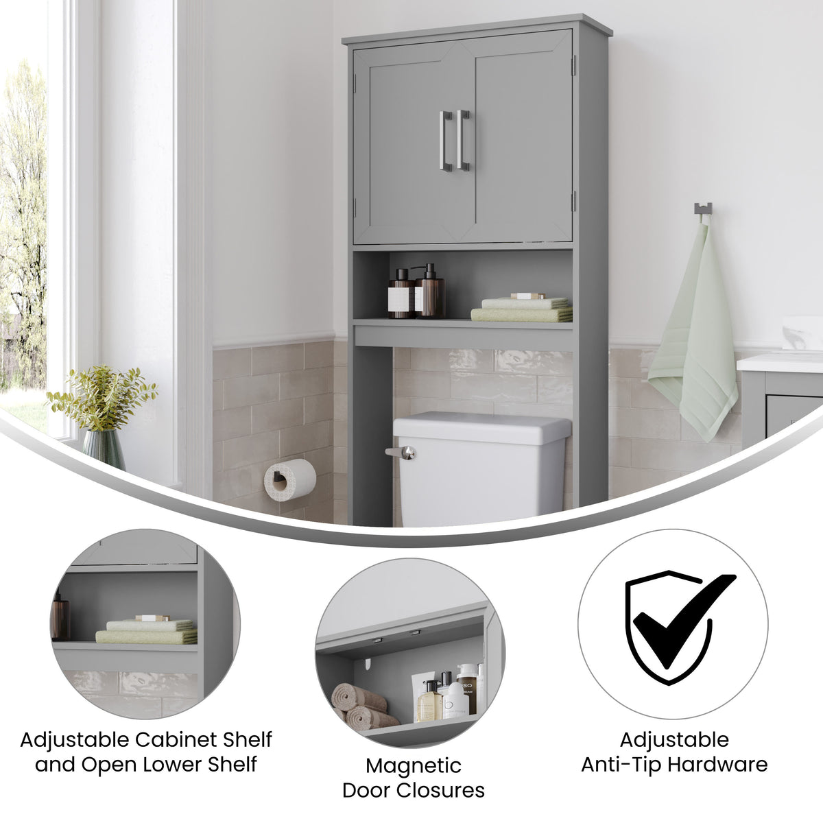 Gray |#| Modern Over the Toilet Cabinet with Shelves and Magnetic Closure Doors - Gray