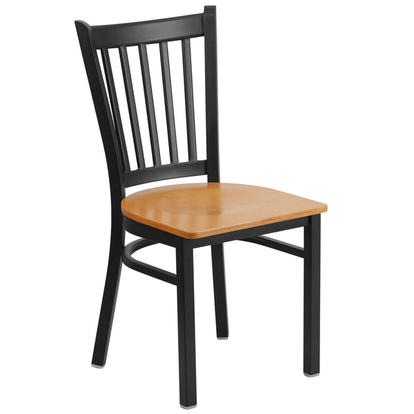 Natural Wood Seat/Black Metal Frame |#| Black Vertical Back Metal Restaurant Chair - Natural Wood Seat