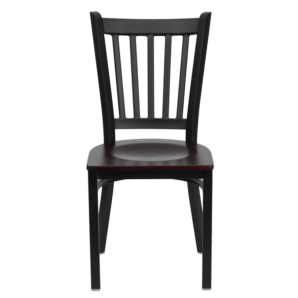 Mahogany Wood Seat/Black Metal Frame |#| Black Vertical Back Metal Restaurant Chair - Mahogany Wood Seat