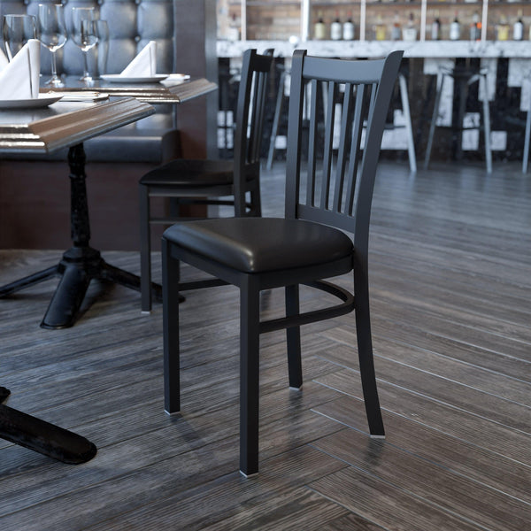 Black Vinyl Seat/Black Metal Frame |#| Black Vertical Back Metal Restaurant Chair - Black Vinyl Seat