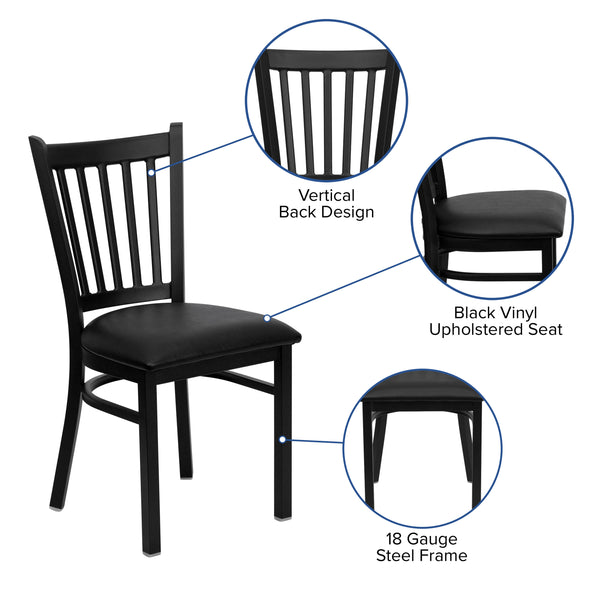 Black Vinyl Seat/Black Metal Frame |#| Black Vertical Back Metal Restaurant Chair - Black Vinyl Seat