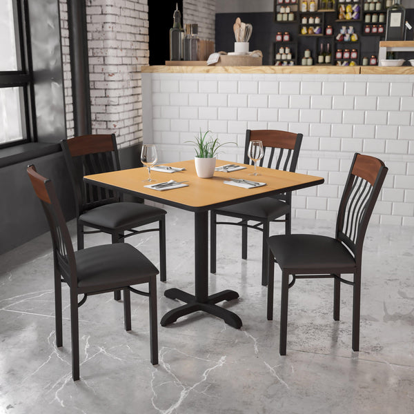 Walnut |#| Vertical Back Black Metal and Walnut Wood Restaurant Chair with Black Vinyl Seat