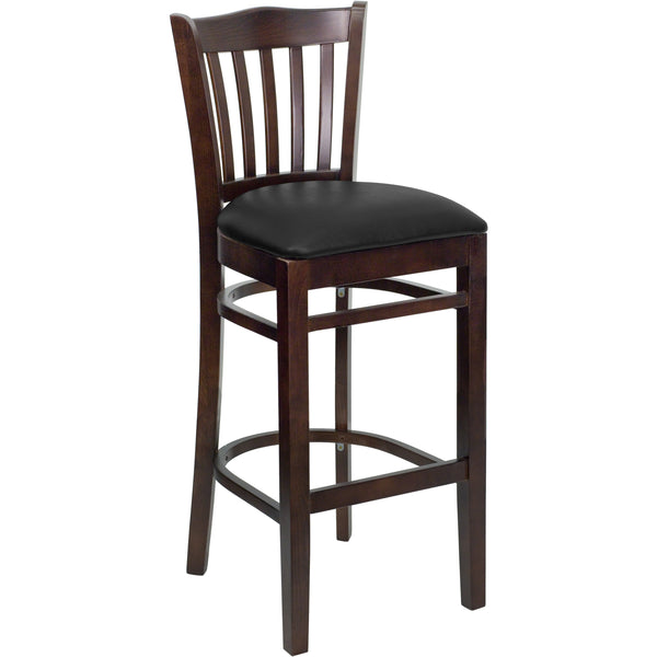 Black Vinyl Seat/Walnut Wood Frame |#| Vertical Slat Back Walnut Wood Restaurant Barstool - Black Vinyl Seat