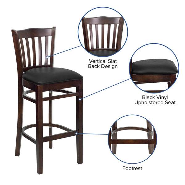 Black Vinyl Seat/Walnut Wood Frame |#| Vertical Slat Back Walnut Wood Restaurant Barstool - Black Vinyl Seat