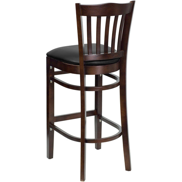 Black Vinyl Seat/Walnut Wood Frame |#| Vertical Slat Back Walnut Wood Restaurant Barstool - Black Vinyl Seat