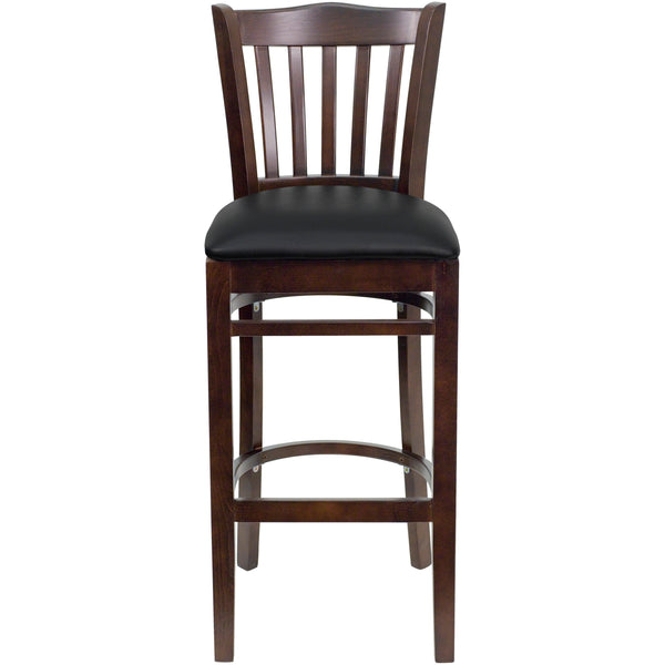 Black Vinyl Seat/Walnut Wood Frame |#| Vertical Slat Back Walnut Wood Restaurant Barstool - Black Vinyl Seat