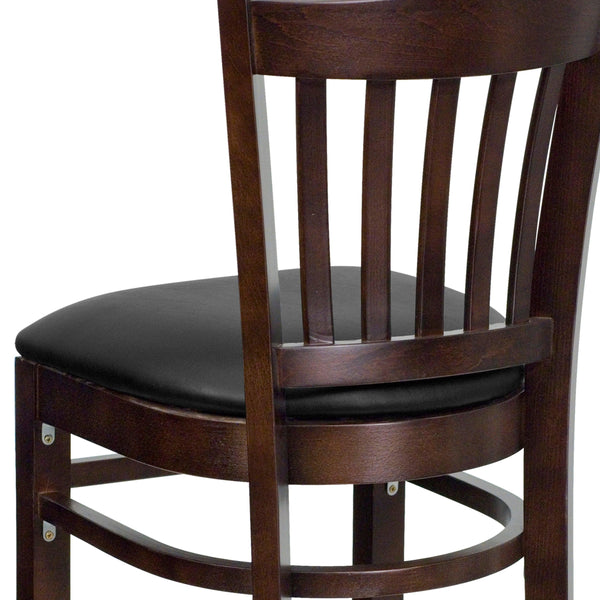 Black Vinyl Seat/Walnut Wood Frame |#| Vertical Slat Back Walnut Wood Restaurant Barstool - Black Vinyl Seat