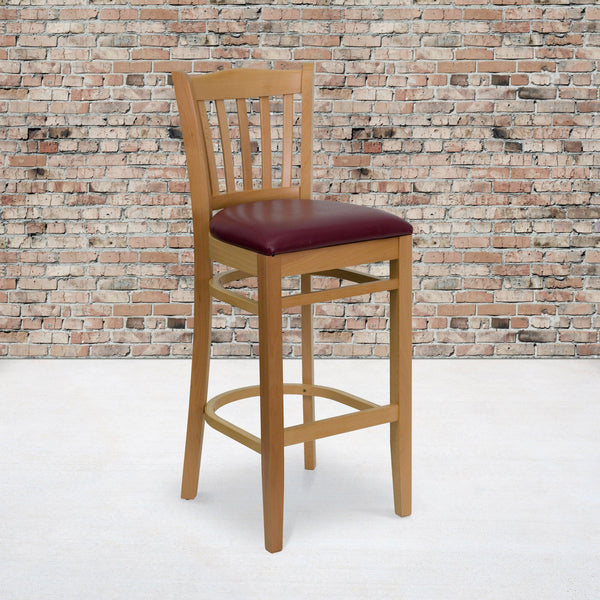 Burgundy Vinyl Seat/Natural Wood Frame |#| Vertical Slat Back Natural Wood Restaurant Barstool - Burgundy Vinyl Seat