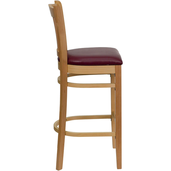 Burgundy Vinyl Seat/Natural Wood Frame |#| Vertical Slat Back Natural Wood Restaurant Barstool - Burgundy Vinyl Seat