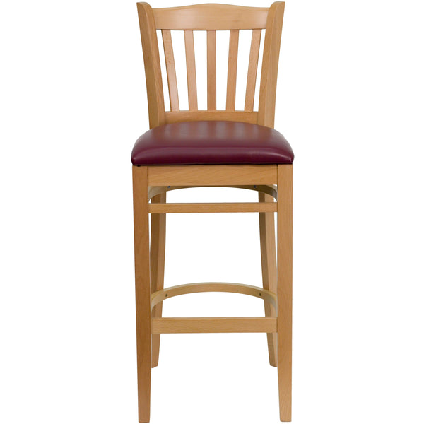 Burgundy Vinyl Seat/Natural Wood Frame |#| Vertical Slat Back Natural Wood Restaurant Barstool - Burgundy Vinyl Seat