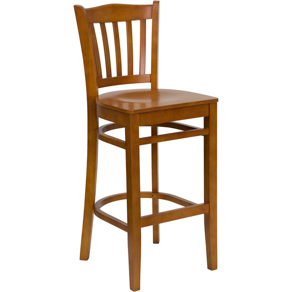 Cherry Wood Seat/Cherry Wood Frame |#| Vertical Slat Back Cherry Wood Restaurant Barstool with Footrest